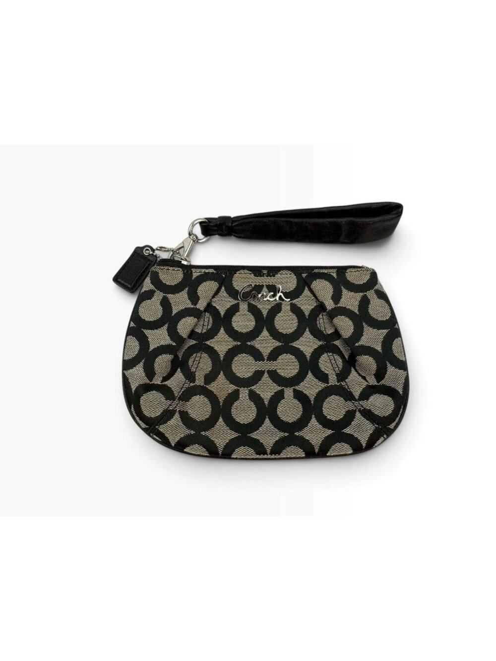 -Coach Signature C Black Gray Jacquard Wristlet Pouch Classic Quiet Luxury
